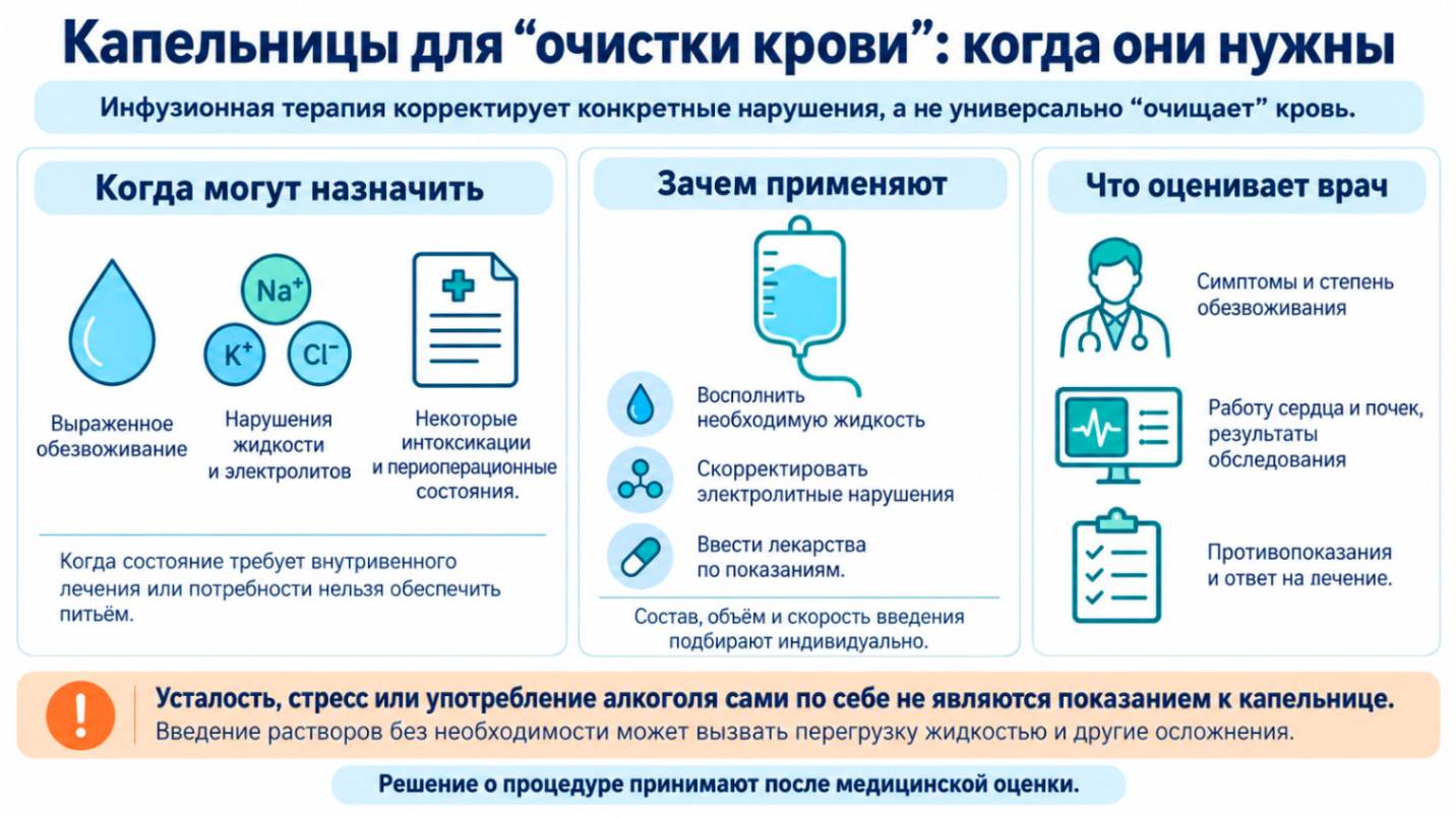 Капельницы для очистки крови: инфографика о медицинских показаниях, восполнении жидкости, коррекции электролитов и необходимости врачебного контроля.
