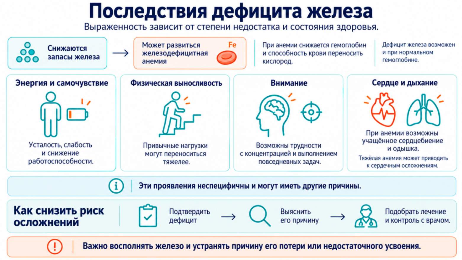 Последствия дефицита железа на инфографике: возможная анемия, усталость, снижение выносливости, трудности с концентрацией, учащённое сердцебиение и одышка.