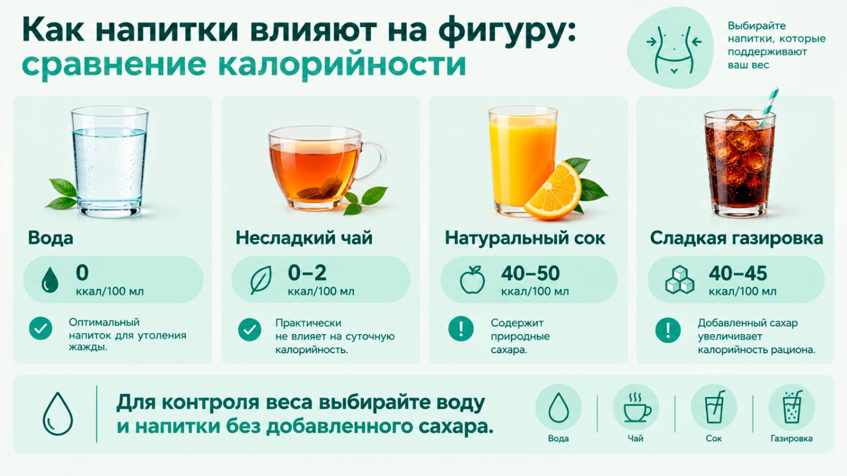 Сравнение калорийности воды, чая, сока и газировки на 100 мл.